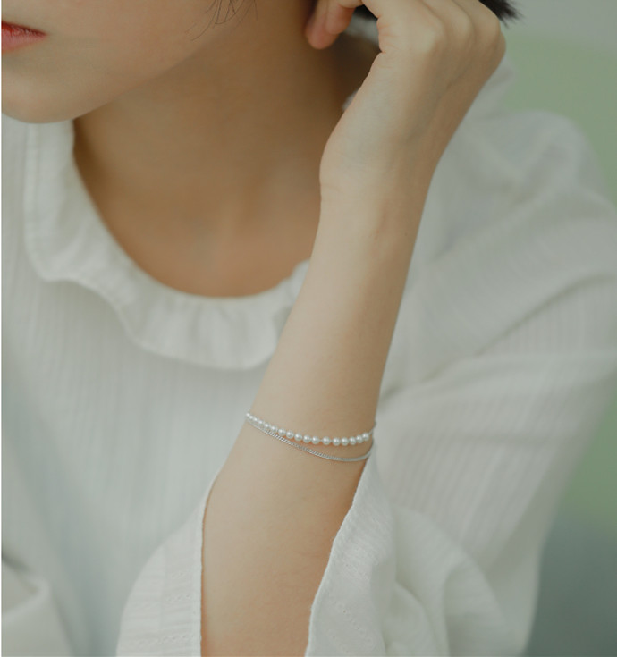 S925 Silver Elegant Fresh Water Pearl Double Layer Bracelet